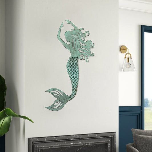 ADECO Blue Mermaid Metal Wall Art Decor for Home Garden Living Room