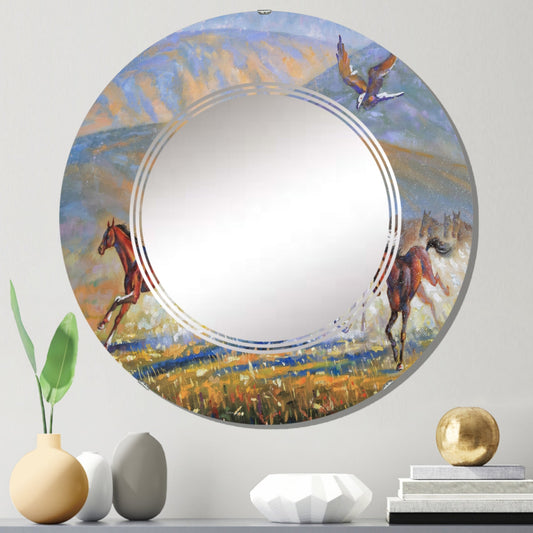 Designart 'A Large Eagle Over The Running Herd Of Horses' Printed Traditional Wall Mirror