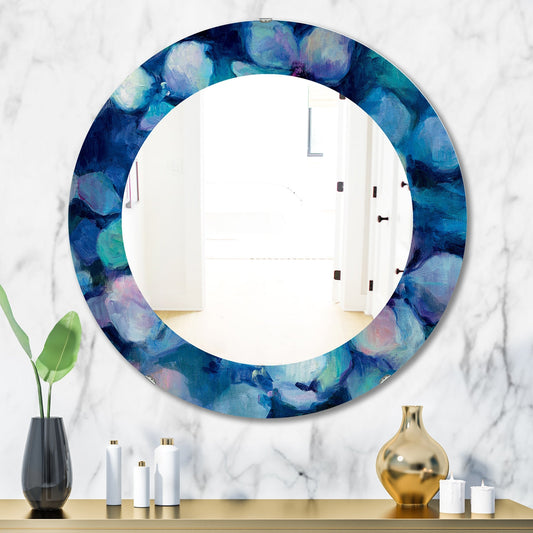 Designart 'Abstract Blue Flower Petals' Printed Farmhouse Frameless Oval or Round Wall Mirror