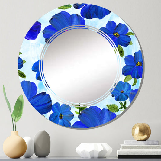 Designart 'Abstract Blue Flowers On Light Blue' Printed Patterned Wall Mirror