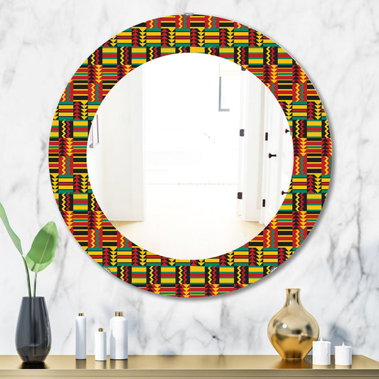 Designart 'African Pattern' Printed Bohemian and Eclectic Oval or Round Wall Mirror - Red