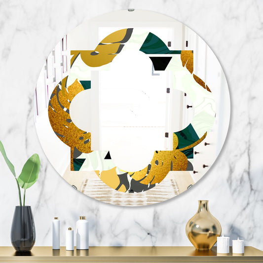 Designart 'Golden Foliage V' Printed Modern Round or Oval Wall Mirror - Quatrefoil