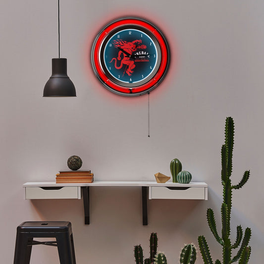 Fireball Retro Round Neon Wall Analog Clock with Pull Chain, 14.5" - 14.5" H x 14.5" L x 3.25" D