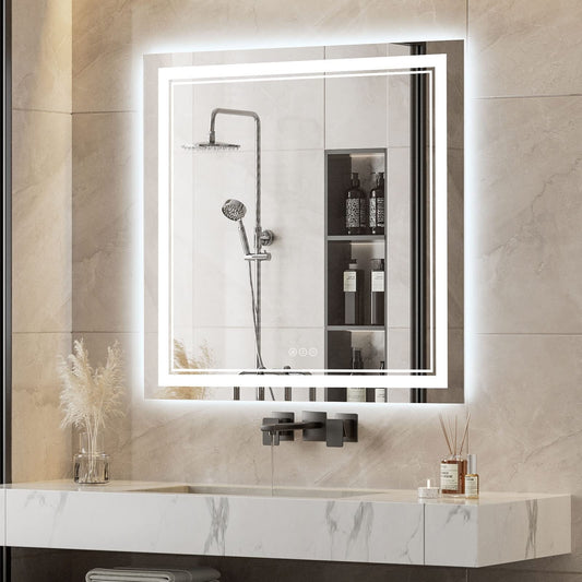 LED Illuminated Bathroom Vanity Mirror Wall Mounted Anti-Fog Dimmable Mirror - 36x36