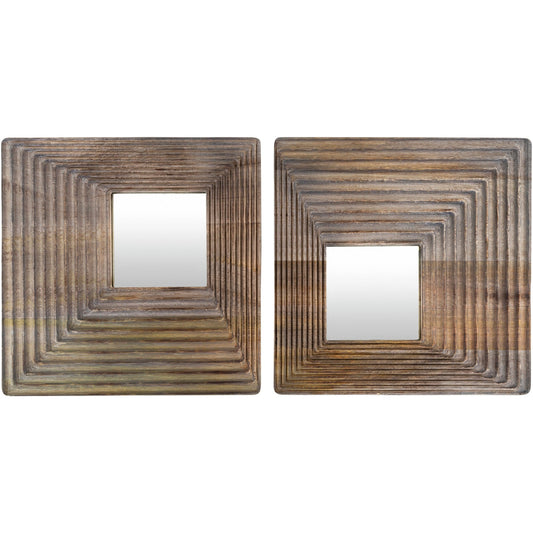Set of 2 Brown Wooden Framed Square Wall Mirrors 16"